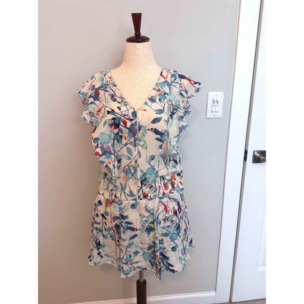 PARKER | Silk Ruffle Floral Dress Womens M Blue White V-Neck P6E3132GEP Mini